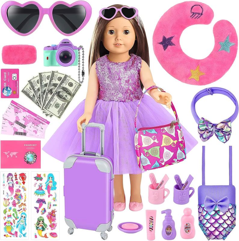 30 PCS 18 Inch Girl Doll Accessories Suitcase Travel Play Set - Camera, Suitcase Stickers, Toiletries, Pillow, Blindfold, Sunglasses, Passport, Tickets, Cash, Fit for 18 Inch Girl Doll