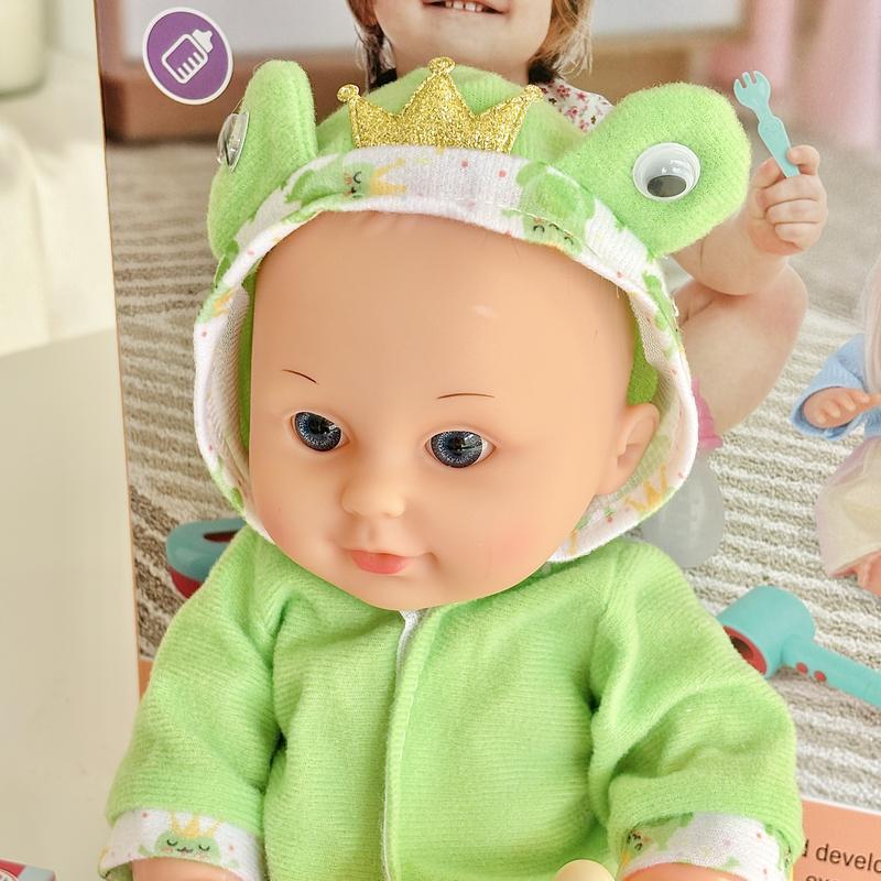 14 inch active eyed blonde water and urine doll with 10 sound ，baby doll with christmas 2024 ornament accessories，baby doll accessories for toddlers 1-5 (sheep plate+knife+fork+spoon+pacifier+bottle+tissue box+large toilet)