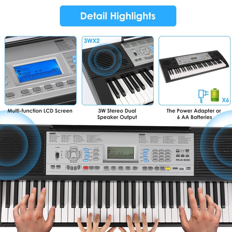 61-Key Electric Keyboard Piano for Beginners - Includes X-Stand, Stool, Microphone, Dual Power Supply, 3 Teaching Modes, LCD Display, and USB MIDI Support - Ideal for Christmas and Thanksgiving