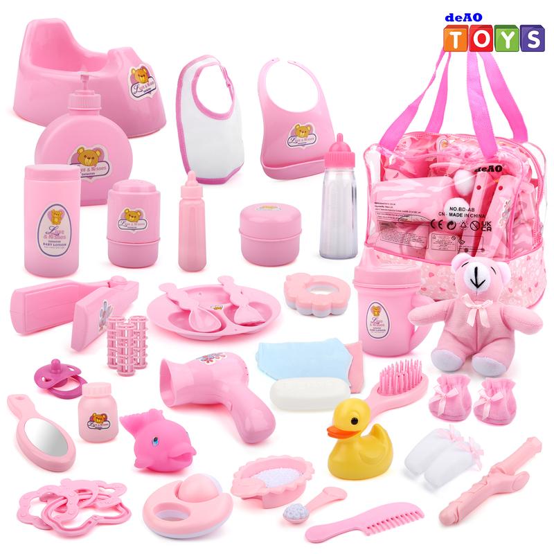 deAO 40 Piece Doll Accessories Bag with Feeding Accessories, Clothes, Doll Bear, Bath Toys, Soother Dummy and Much More - Great Nurturing Pretend Toy