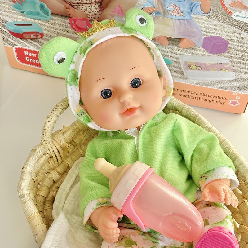 14 inch active eyed blonde water and urine doll with 10 sound ，baby doll with christmas 2024 ornament accessories，baby doll accessories for toddlers 1-5 (sheep plate+knife+fork+spoon+pacifier+bottle+tissue box+large toilet)