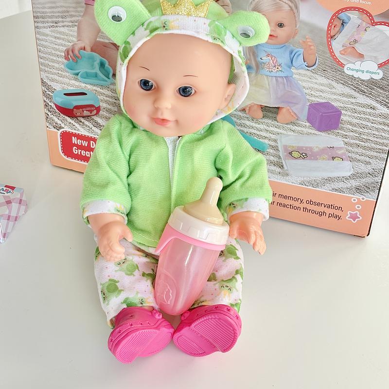 14 inch active eyed blonde water and urine doll with 10 sound ，baby doll with christmas 2024 ornament accessories，baby doll accessories for toddlers 1-5 (sheep plate+knife+fork+spoon+pacifier+bottle+tissue box+large toilet)