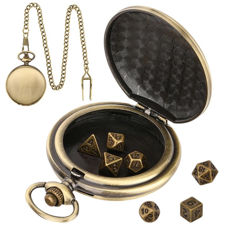 DND Dice Set with Bronze Smooth Pocket Watch Shell Case, 1 Set DND Dice Set with Gift Box, Role Playing Board Games Accessories, Gifts for Kids