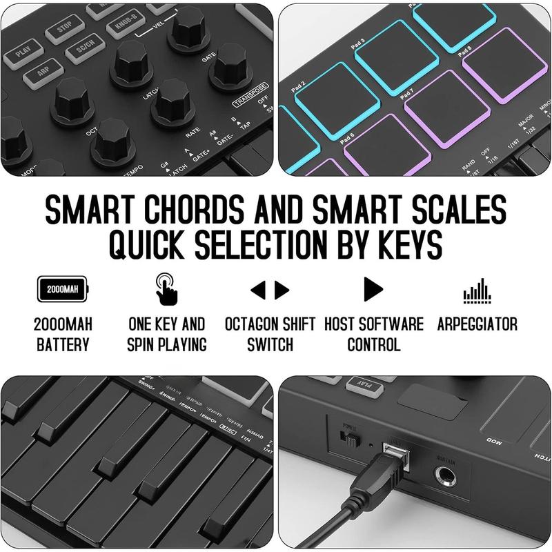 25 Key USB MIDI Keyboard Controller With 8 Backlit Drum Pads, Bluetooth Semi Weighted Professional dynamic keybed 8 Knobs and Music Production,Software Included (Black)