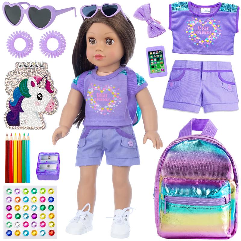 18 Inch Girl Doll Clothes and Accessories School Supplies Playset with Doll Clothes,School Bags, Sunglasses, Pencils, Pencil Sharpener, Notebooks, Phone, Hair Clip, Stickers （No Doll）