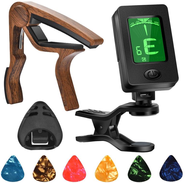 Guitar Capo, Guitar Picks, Guitar Accessories with Guitar Tuner, Capo for Acoustic Guitar, Bass, Buzzing-Free, Quick Release, Guitar Tuner Clip on for Guitar, Violin, Bass, Ukulele Chromatic, Rosewood