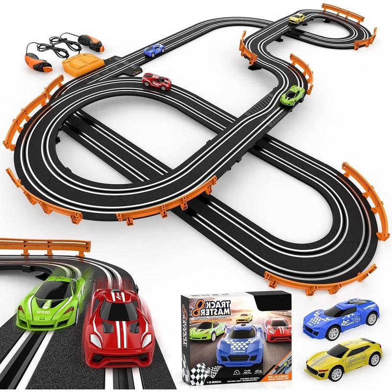 Slot Car Race Track Sets with 4 High-Speed Slot Cars, Battery or Electric Car Track, Dual Racing Game Lap Counter Circular Overpass Track, Gifts Toys for Boys Kids Age 6 7 8-12