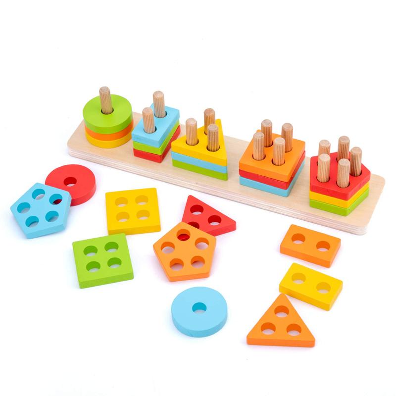 Wooden Sorting & Stacking Toy, Shape Sorter Toys for Toddlers, Montessori Color Recognition Stacker, Early Educational Block Puzzles for Kids Boys and Girls (5 Shapes)