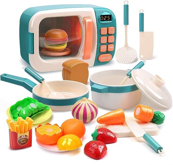 CUTE STONE Microwave Toys Kitchen Play Set, Pretend Play Electronic Oven with Play Food, Cookware Pot and Pan Toy Set, Great Learning Gifts