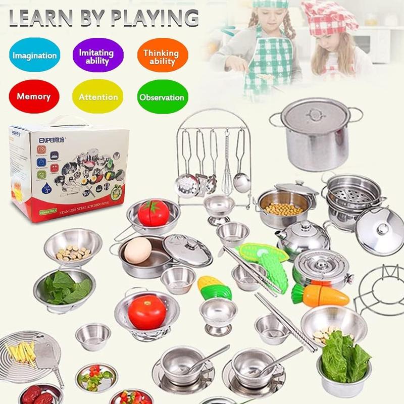 Classic Stainless Steel Kitchen Toys Cooking Utensils Set-Pretend Play Pots Pans Toy Cookware Kits for Kids Christmas, New year Gift