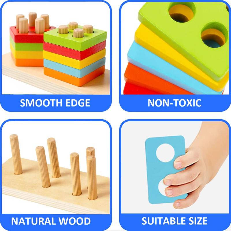 Wooden Sorting & Stacking Toy, Shape Sorter Toys for Toddlers, Montessori Color Recognition Stacker, Early Educational Block Puzzles for Kids Boys and Girls (5 Shapes)