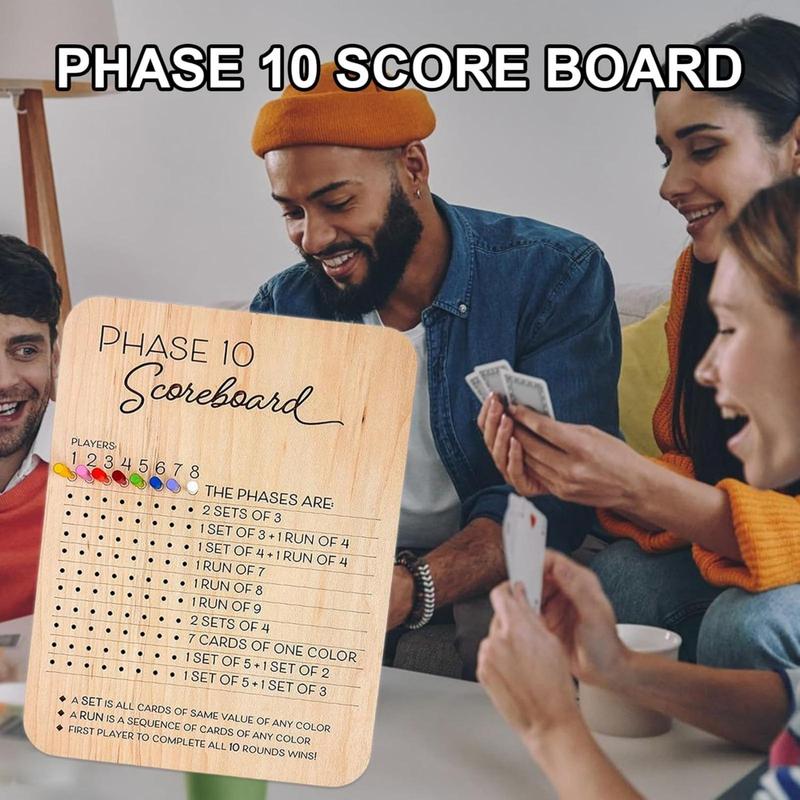 Wooden Phase 10 Score Board, 1 Count Wooden Phase Scoreboard with 8 Colored Pegs, Fun Table Board Card Game Accessories for Party Family Game Night