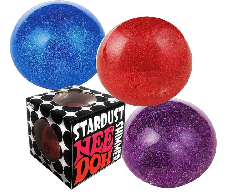 Nee-Doh Schylling Stardust Shimmer Groovy Glob! Squishy, Squeezy, Stretchy Stress Balls Blue, Red & Purple Complete Gift Set Party Bundle - 3 Pack stress  relief