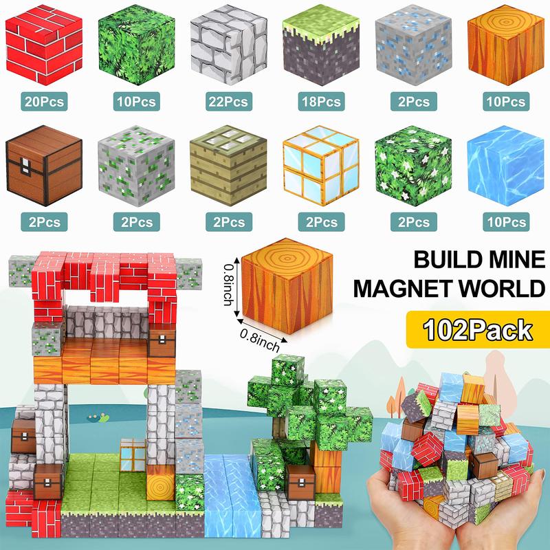 102-piece Magnetic Brick World Set for Kids - Pixel Magnet Building Block Toy for Kids 3+, Miner Forest Educational Sensory Game - Christmas Halloween Birthday Gift for Boys and Girls