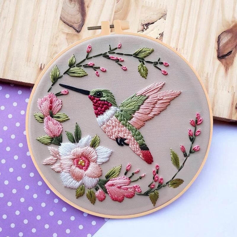 Bird & Flower Pattern DIY Embroidery Kit, 1 Set Embroidery with Hoop Suture Practice Kit for Adults, Handmade Unfinished Products Gifts