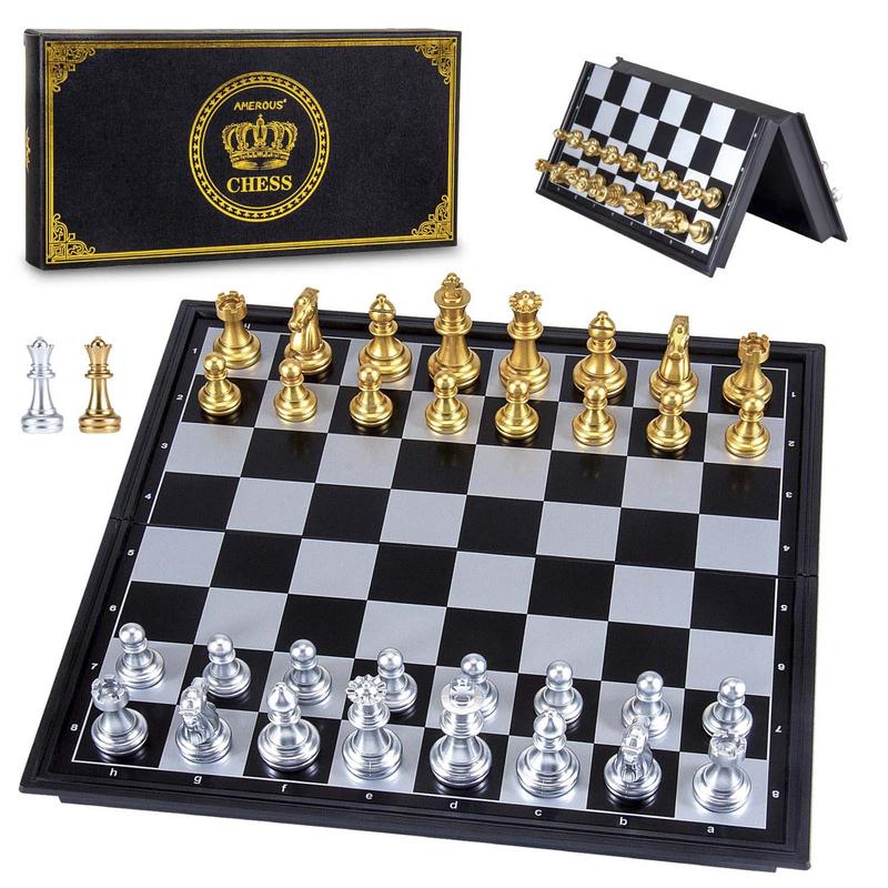 10'' Magetic Travel Chess Set, Plastic Portable Folding Chess Board Game with Gold and Silver Chess Pieces - 2 Extra Queens - Chess for Beginner, Kids, Adults