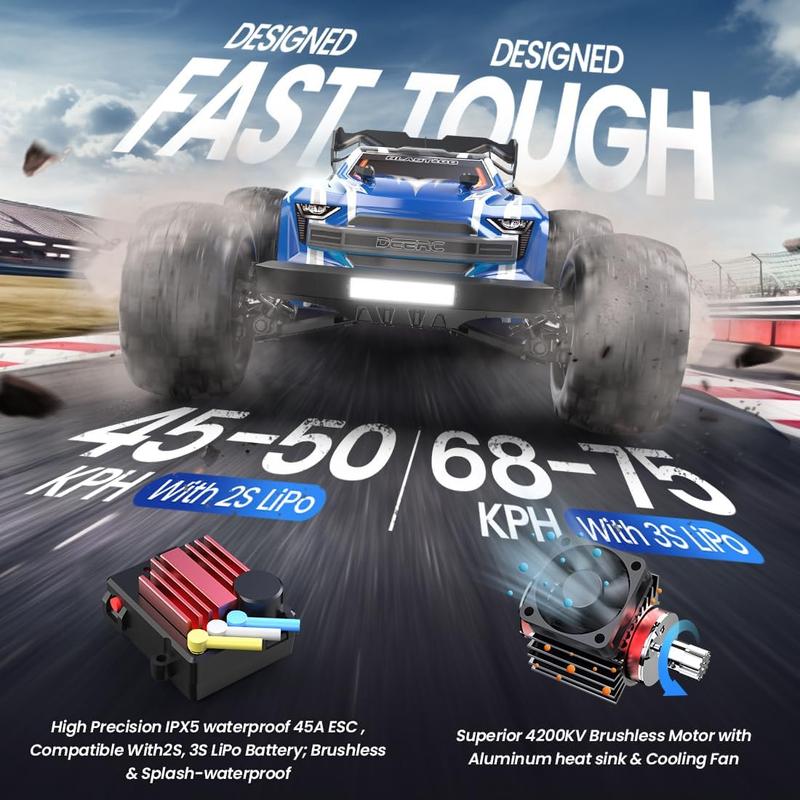 DEERC H16E Brushless Extreme High Speed RC Truck, Max 70kph, 1:16 4X4 RTR Fast RC Cars for Adults, All Terrains RC Monster Truck, Off Road Hobby Electric Vehicle Gift for your friends, 2 Li-po Batteries