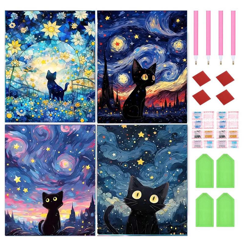 Starry Sky Cat Pattern DIY Diamond Art Painting Without Frame, 4 Counts DIY 5D Diamond Arts Painting Kit, Wall Art Decor For Home Living Room Bedroom, Christmas Gift