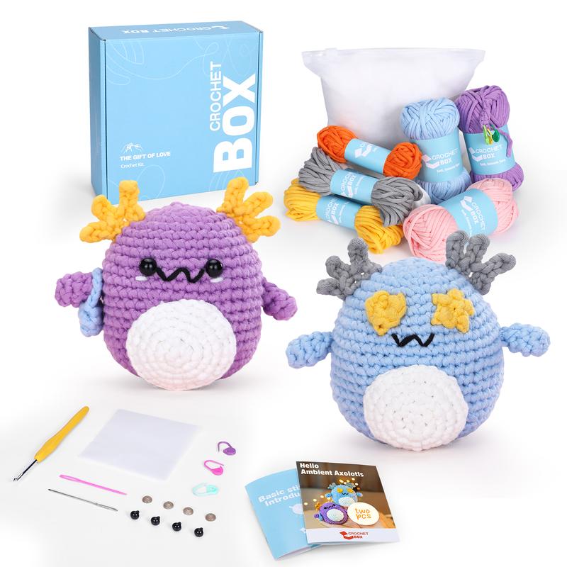 CrochetBox Crochet kit for Beginners Axolotl - Starter Amigurumi Set, Crochet Axolotl, All You Need in, Step by Step Video Tutorials, Instructions, Birthday Holiday Gift for Adults Teens