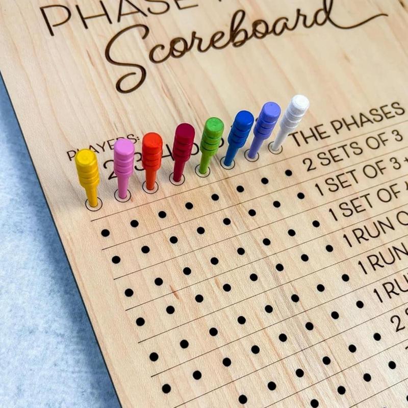 Wooden Phase 10 Score Board, 1 Count Wooden Phase Scoreboard with 8 Colored Pegs, Fun Table Board Card Game Accessories for Party Family Game Night