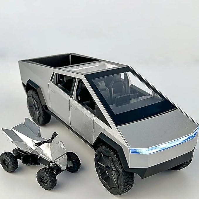 Realistic alloy Tesla Cybertruck 1:32 scale pickup model toy, pull back car with music and lights, complete with a small tesla motocross Cyberquad