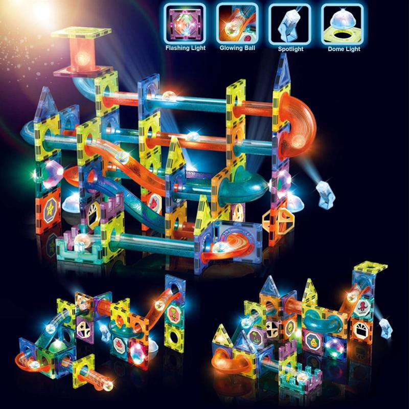 Building toys, glow-in-the-dark magnetic tiles marble run super set - 48-134 complete pieces STEM light-up magnetic blocks - 3-inch tiles are perfect for parent-child interaction building toy building set building brick magnet  blocks