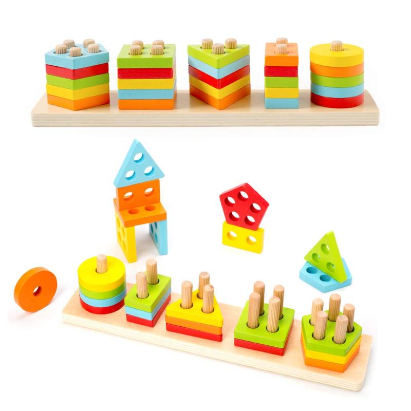 Wooden Sorting & Stacking Toy, Shape Sorter Toys for Toddlers, Montessori Color Recognition Stacker, Early Educational Block Puzzles for Kids Boys and Girls (5 Shapes)