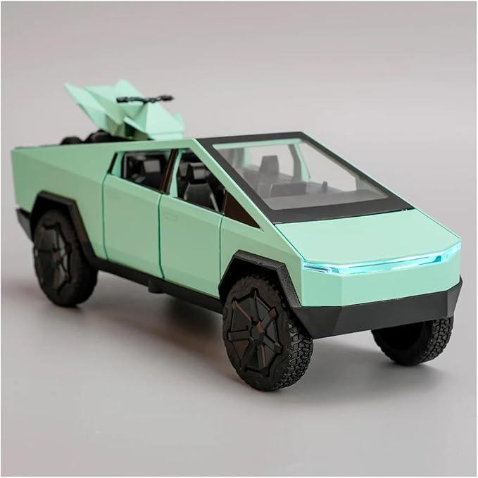 Realistic alloy Tesla Cybertruck 1:32 scale pickup model toy, pull back car with music and lights, complete with a small tesla motocross Cyberquad