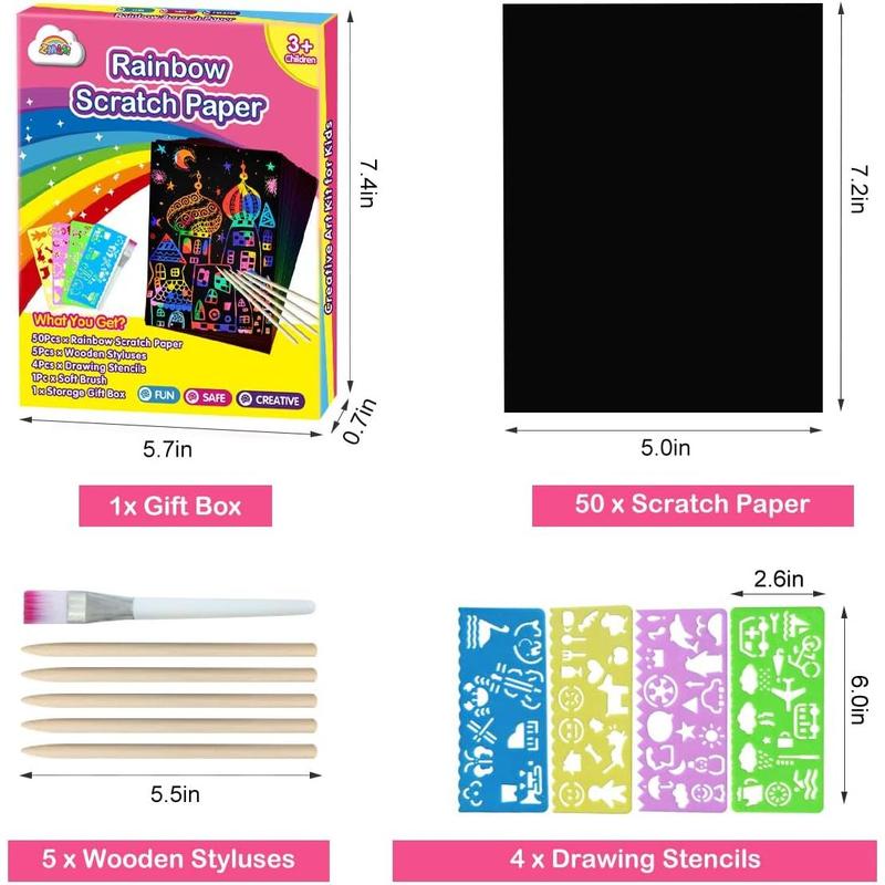 Scratch Paper Art Set, Rainbow Magic Scratch Paper  Black Scratch Off Art Crafts Kits Notes with 5 Wooden Stylus Toy Halloween Party Game Christmas Birthday Gift