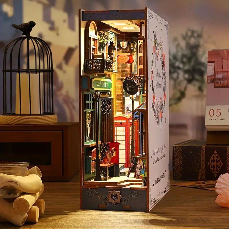 DIY Wooden Book Stand Kit, DIY Micro Toy House Kit, 3D Wooden Bookshelf Insert Decoration with Light Sensor, Stocking Fillers Gift