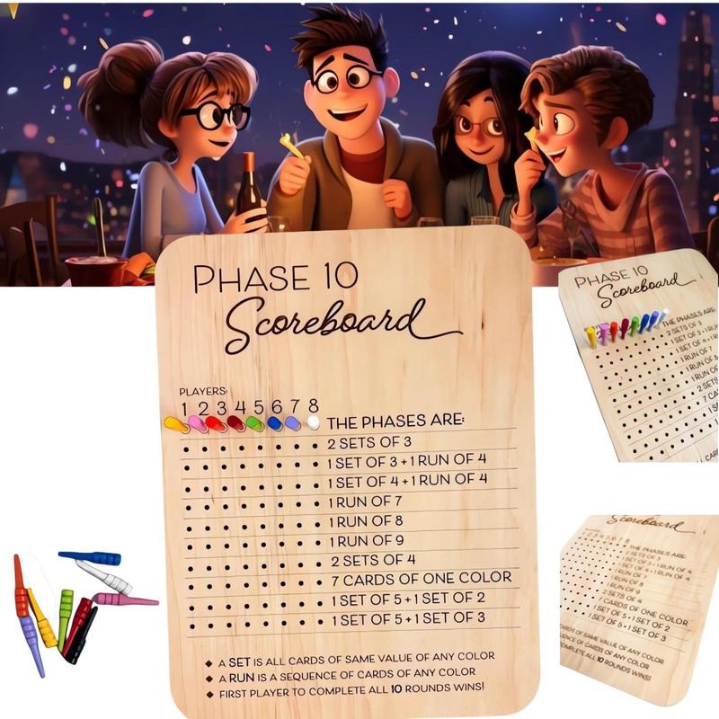 Wooden Phase 10 Score Board, 1 Count Wooden Phase Scoreboard with 8 Colored Pegs, Fun Table Board Card Game Accessories for Party Family Game Night