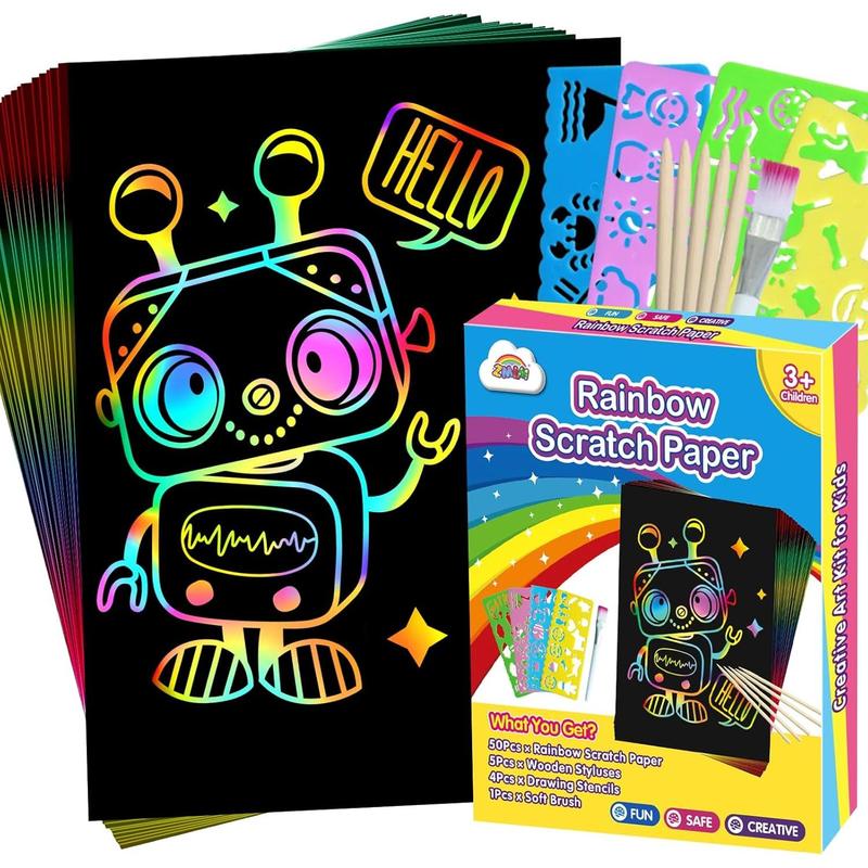 Scratch Paper Art Set, Rainbow Magic Scratch Paper  Black Scratch Off Art Crafts Kits Notes with 5 Wooden Stylus Toy Halloween Party Game Christmas Birthday Gift