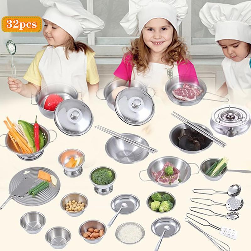 Classic Stainless Steel Kitchen Toys Cooking Utensils Set-Pretend Play Pots Pans Toy Cookware Kits for Kids Christmas, New year Gift