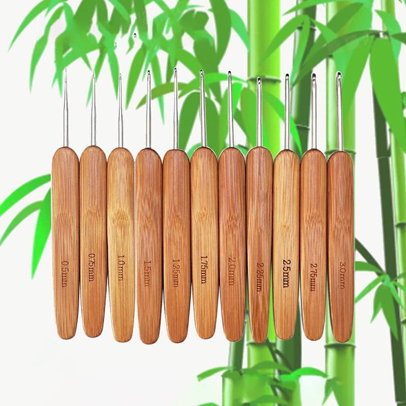 11pcs set Crochet Hooks Ergonomic Crochet Needles, Bamboo Wooden Handle Small Size Crochet Hook (0.5-3.0 Mm) Knit Weave Yarn Craft Diy Sewing Tools For Fine Work, Thin Yarn And Lace Knitting