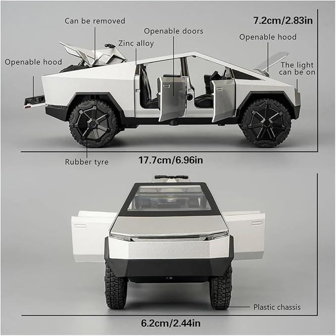 Realistic alloy Tesla Cybertruck 1:32 scale pickup model toy, pull back car with music and lights, complete with a small tesla motocross Cyberquad