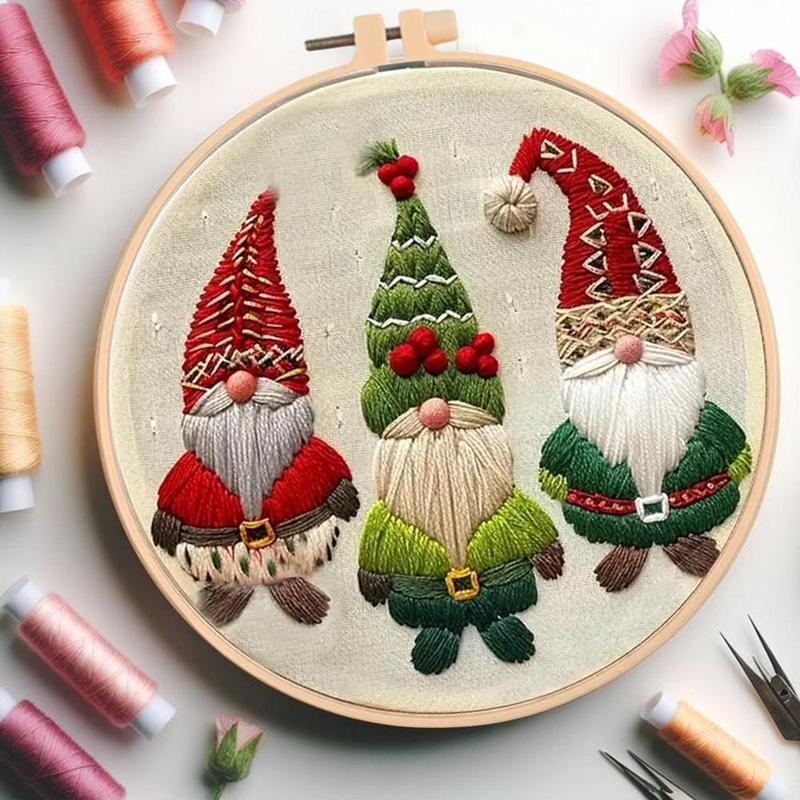 Gnome Pattern DIY Embroidery Kit, 1 Set Embroidery with Hoop Suture Practice Kit for Adults, Handmade Unfinished Products Festival Gift