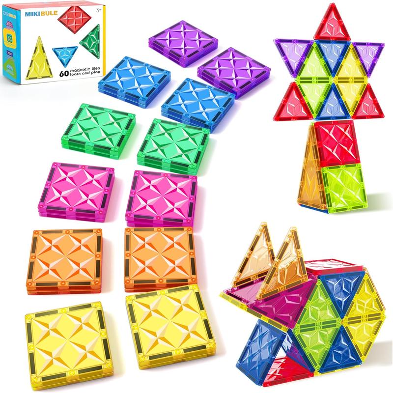 MikiBlue Magnetic Building Tiles Set for Kids, 60 PCS Magnetic Blocks Shapes Toys Colorful Clear 3D Magnetic for Boys and Girls Enhance Creativity & Learning