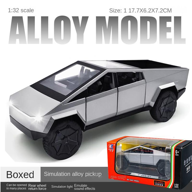 Realistic alloy Tesla Cybertruck 1:32 scale pickup model toy, pull back car with music and lights, complete with a small tesla motocross Cyberquad