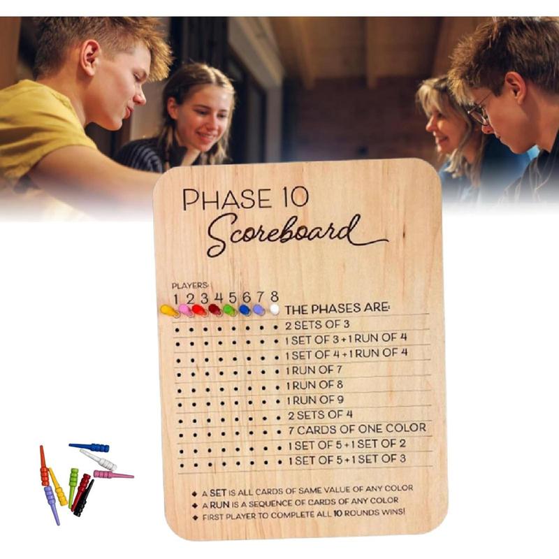 Wooden Phase 10 Score Board, 1 Count Wooden Phase Scoreboard with 8 Colored Pegs, Fun Table Board Card Game Accessories for Party Family Game Night