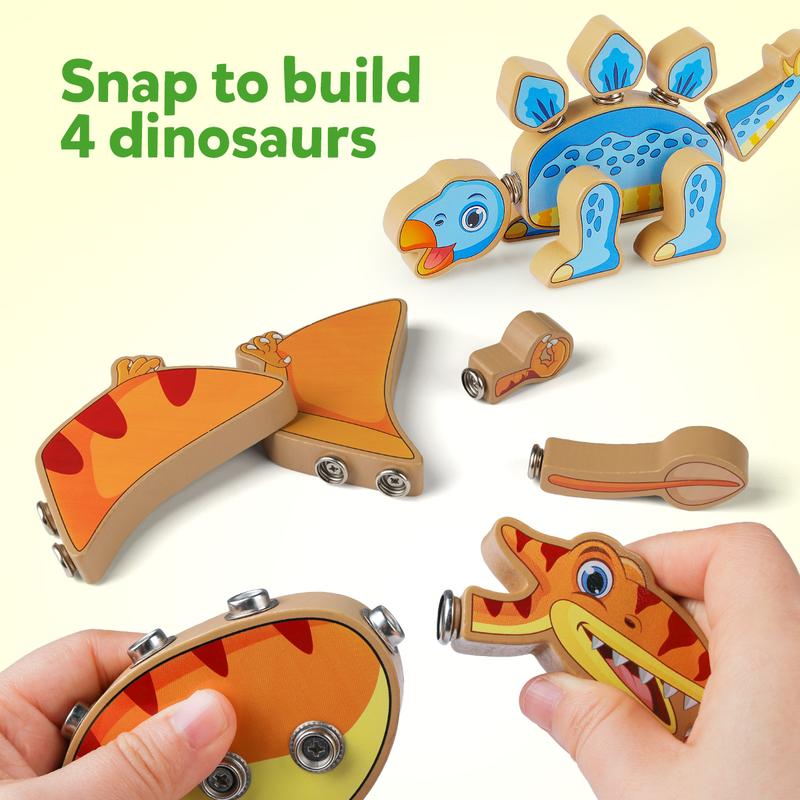 Wooden Snap-on Dinosaur Builders, Educational Dinosaur Building Block Set Toy Gift for Kids