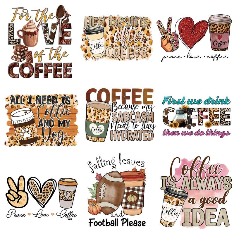 Coffee & Letter Pattern Heat Transfer Sticker, 9 Counts set Iron On Heat Transfer Sticker for DIY Clothes, Heat Transfer Sticker for T-shirt, Bags, Jacket, Sweater, Jeans, Clothes Decoration