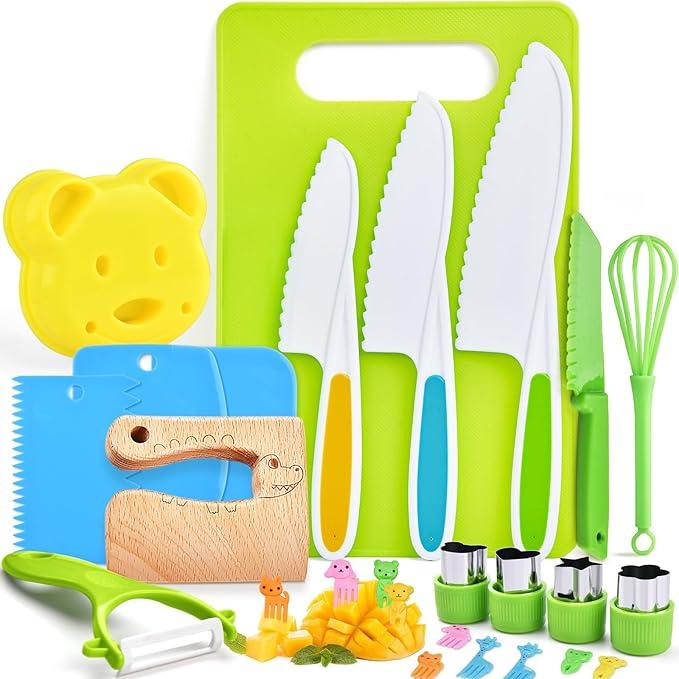 13 17 28 Counts Montessori Cooking Set:Safe Culinary Tools For Kids,Foster Skills And Fun,Baking Toy Toddlers Wooden Knives With Cutting Board Fruit Vegetable Crinkle Cutter y Peeler Sandwich Cutters,Realistic Play Food Set,Pretend Play Sets for Girls