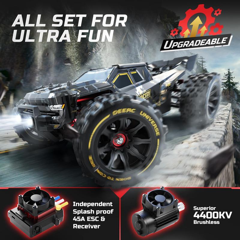 DEERC 1:14 Fast Brushless RC Cars, Max 50+ MPH, 2 3S Lipo Batteries 4x4 Waterproof RC Truck, High Speed Offroad Remote Control Car, All Terrain RC Truggy for Snow,Sand & Mud