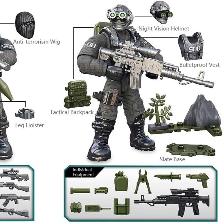 8 pcs Special Forces Mini Action Figure with Military Weapons and Accessories each measures about 2