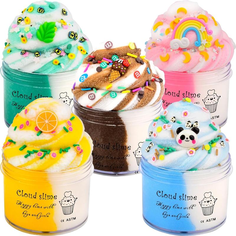 Cloud Slime Kit 5 Pack, with Ice Cream, Lemon, Rainbow, Panda, Mint Leaf Cute Charms, Soft and Mild, Stress Relief slimes Toy for Kids, Slime Party Favor for Girls and Boys