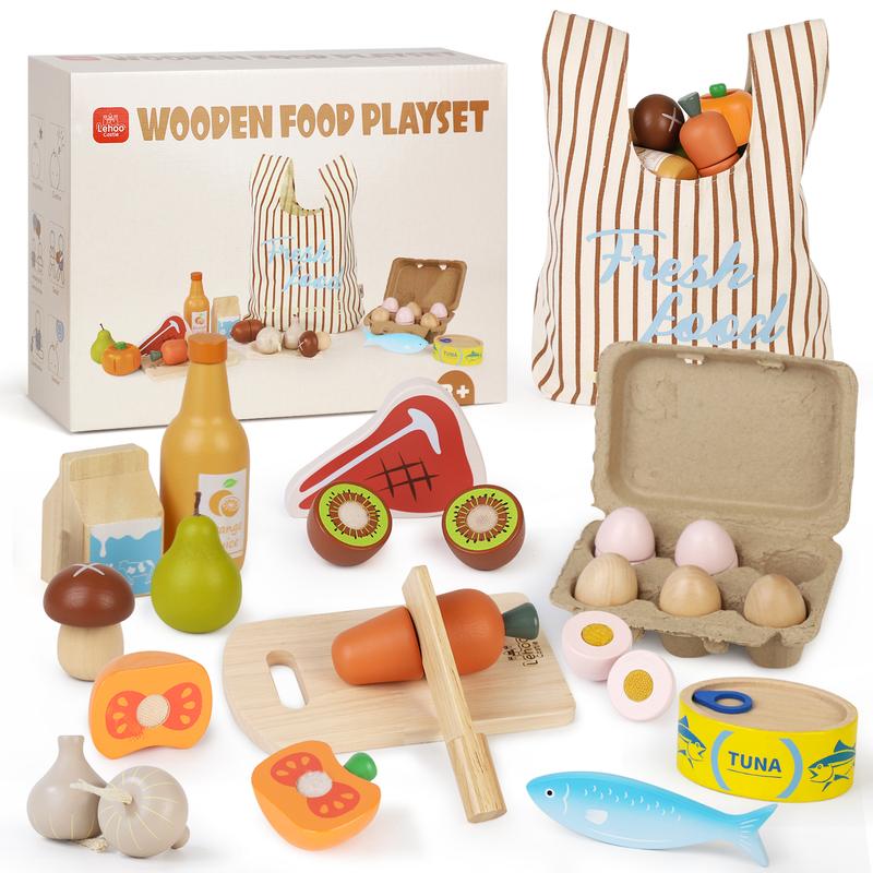 Food Pretend Play Set, Wooden Pretend Play Food Sets for Kids Kitchen, Food Toys for Kids, w  Shopping Bag, Pretend Food Play Kitchen Cutting Fruits Vegetables Toys, Boys Girls Educational Toys, Multicoloured Learning city simulation playset kitchentoys