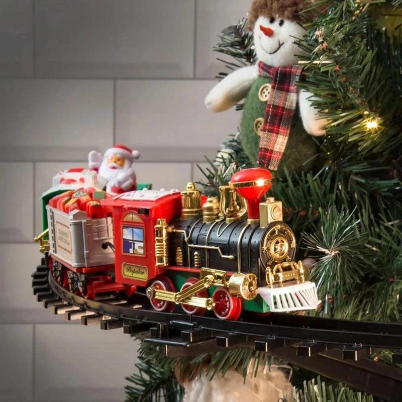 Christmas Train Electric Toys Christmas Tree Decoration Train Track Frame Railway Car with Sound&Light Rail Car Christmas Gifts