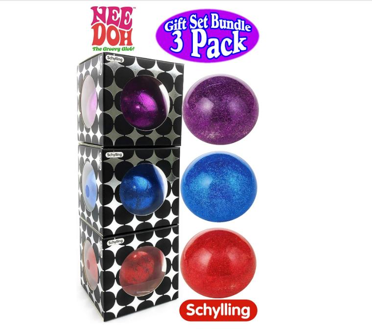 Nee-Doh Schylling Stardust Shimmer Groovy Glob! Squishy, Squeezy, Stretchy Stress Balls Blue, Red & Purple Complete Gift Set Party Bundle - 3 Pack stress  relief