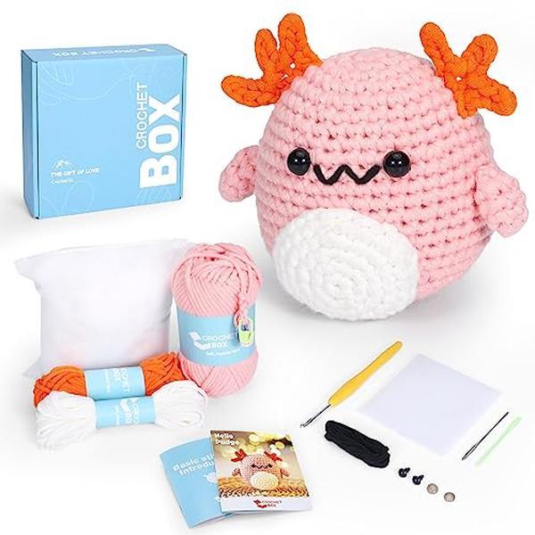 CrochetBox Crochet kit for Beginners Axolotl - Starter Amigurumi Set, Crochet Axolotl, All You Need in, Step by Step Video Tutorials, Instructions, Birthday Holiday Gift for Adults Teens