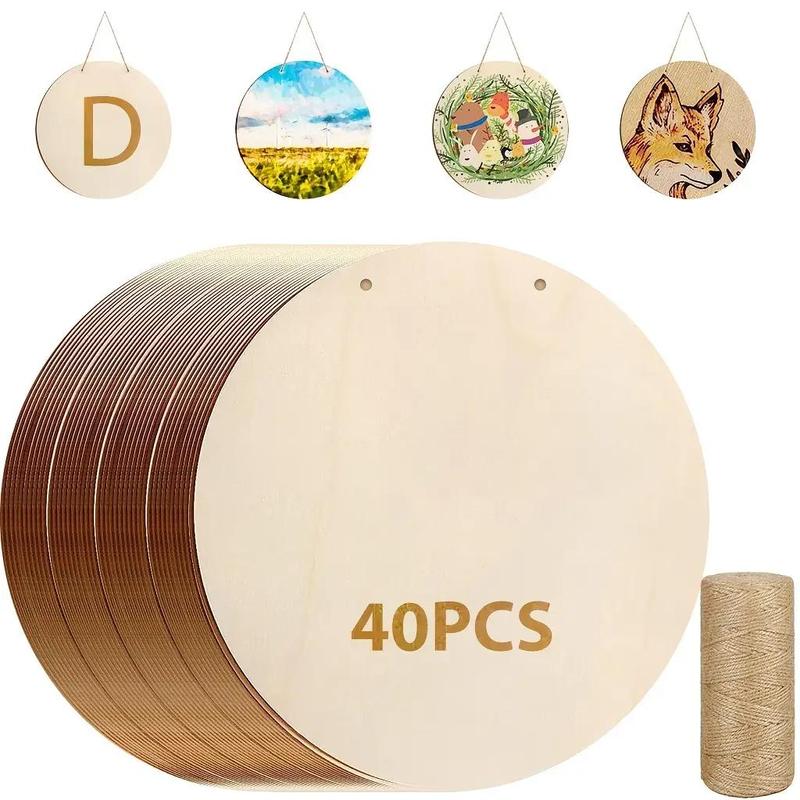 DIY Unfinished Wood Circle and Rope Set, 1 Set Unfinished Wood Circle, 10pcs 20pcs 40pcs Wood Circle for DIY Crafts, Door Hanger, Home Decorations, Cricut Project Supplies